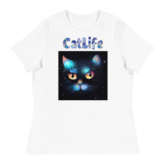 Women's White T-Shirt with Cat In Space with a text "CatLife" at $25.97 found at Personalizedpetlovergifts