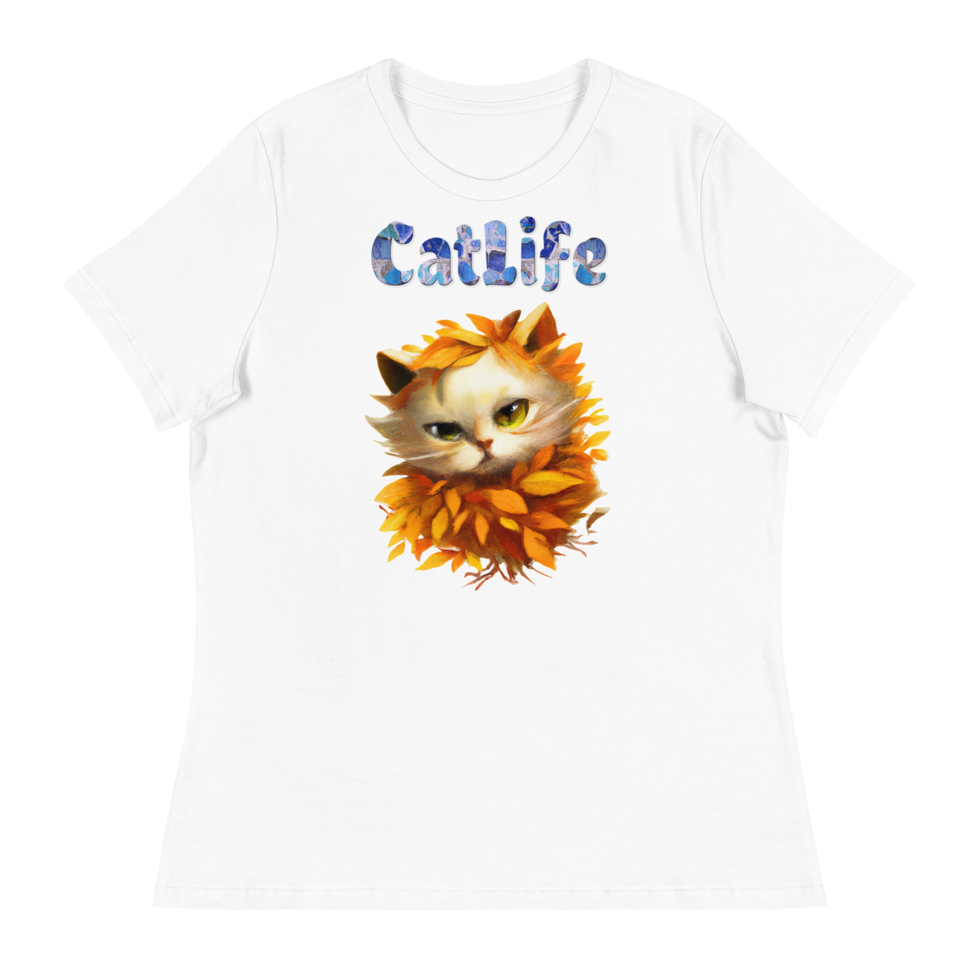 Women's White T-Shirt with Cat In Orange Autumn Leaves with a text "CatLife" at $25.97 found at Personalizedpetlovergifts