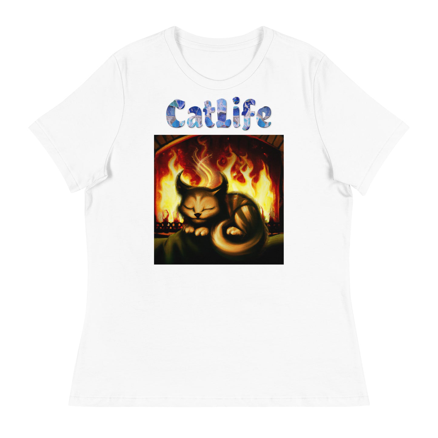 Women's White T-Shirt with Cat In Front Of a Fireplace with a text "CatLife" at $25.97 found at Personalizedpetlovergifts