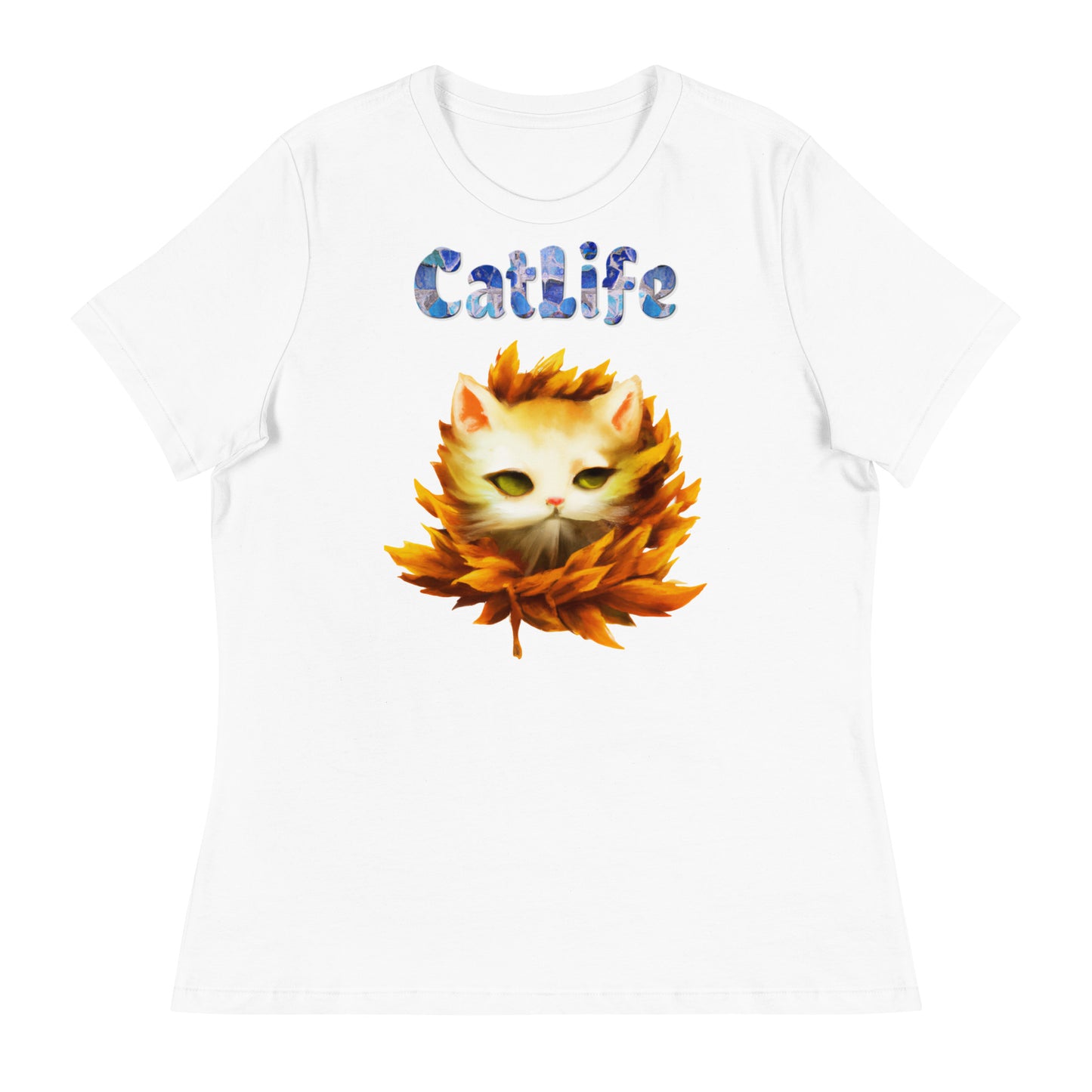 Women's White T-Shirt with Cat In Falling Leaves with a text "CatLife" at $25.97 found at Personalizedpetlovergifts