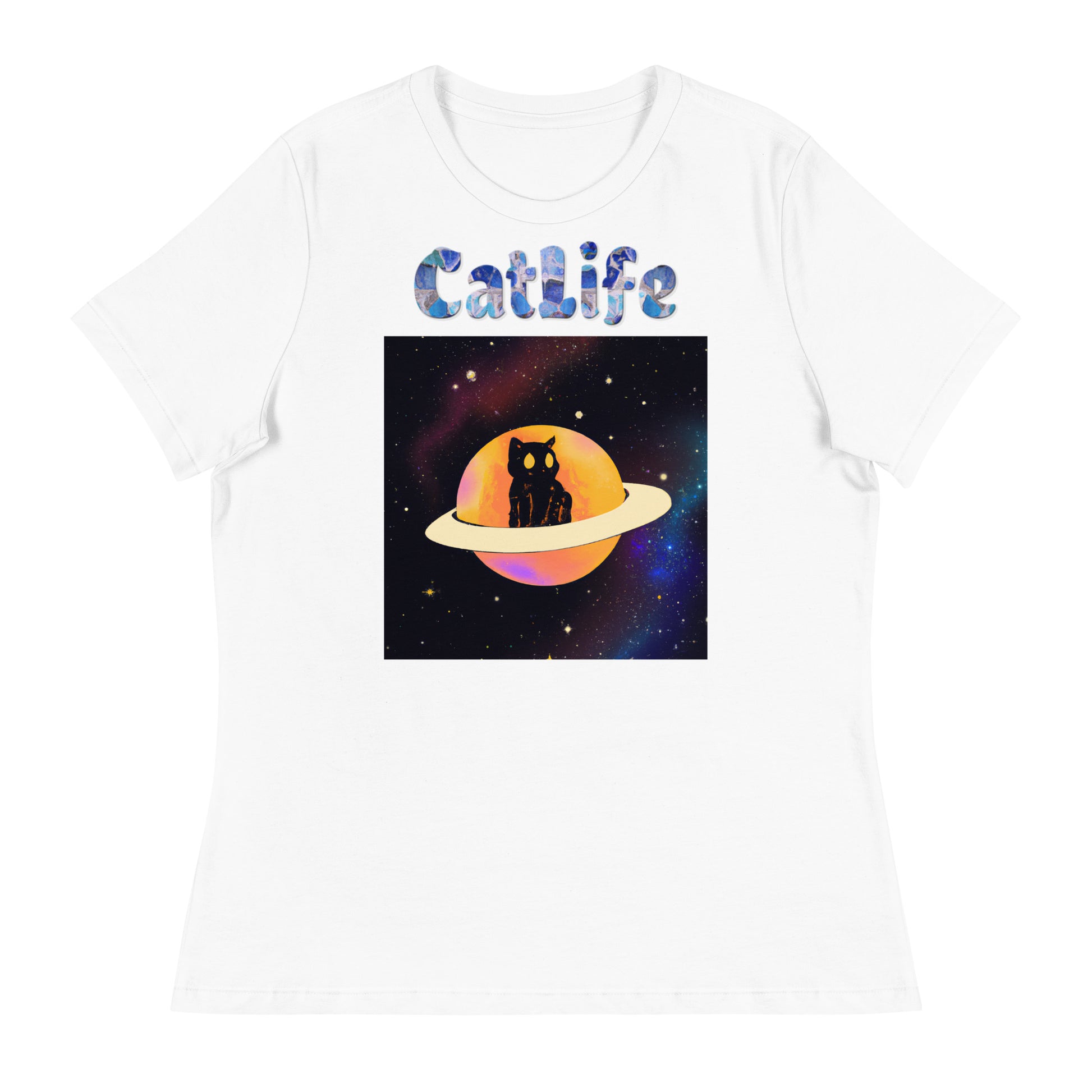 Women's White T-Shirt with Cat In a Saturn with a text "CatLife" at $25.97 found at Personalizedpetlovergifts