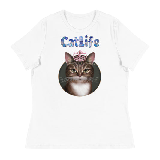 Women's White T-Shirt with Cat In a Circle With a Tiara with a text "CatLife" at $25.97 found at Personalizedpetlovergifts