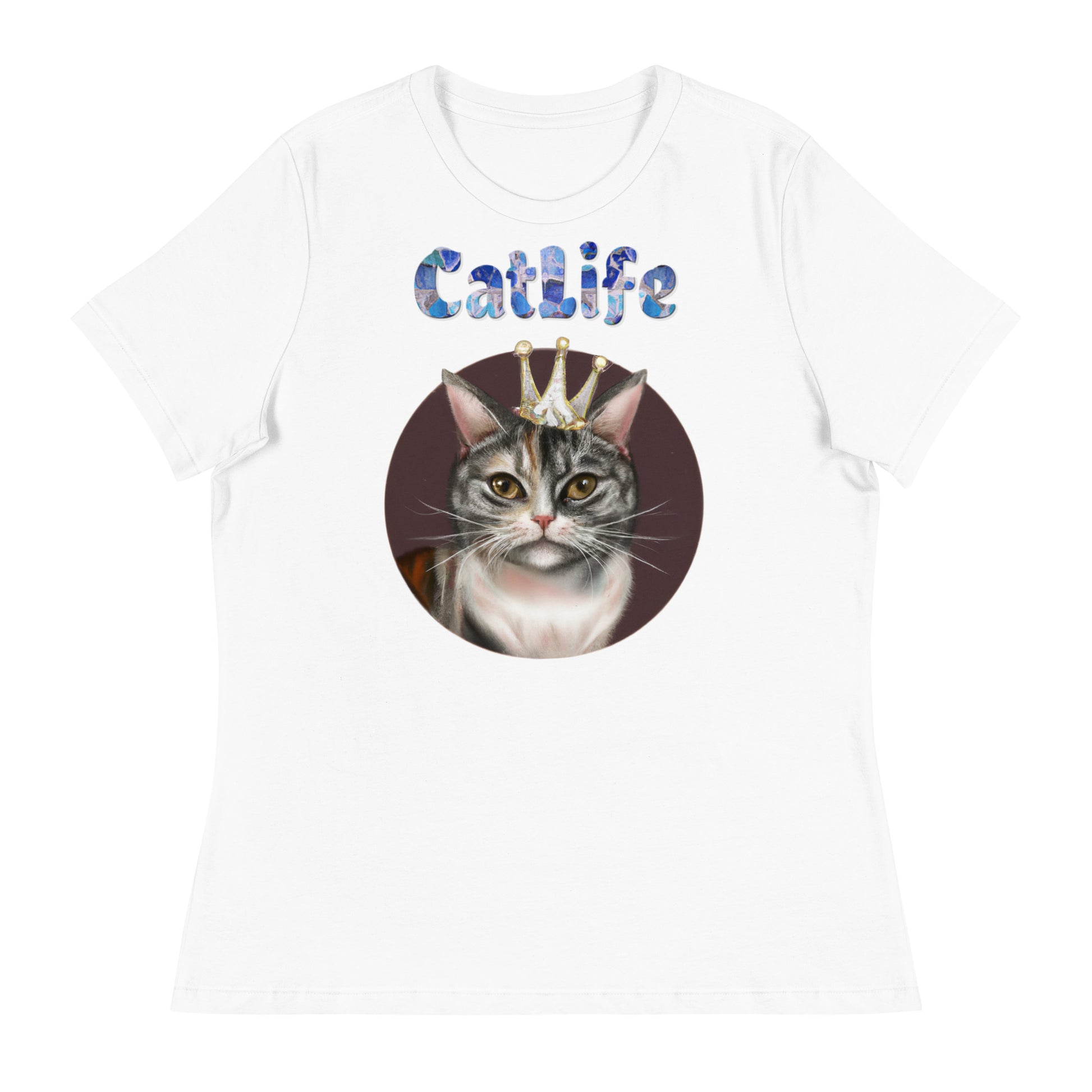 Women's White T-Shirt with Cat In a Circle With a Crown with a text "CatLife" at $25.97 found at Personalizedpetlovergifts