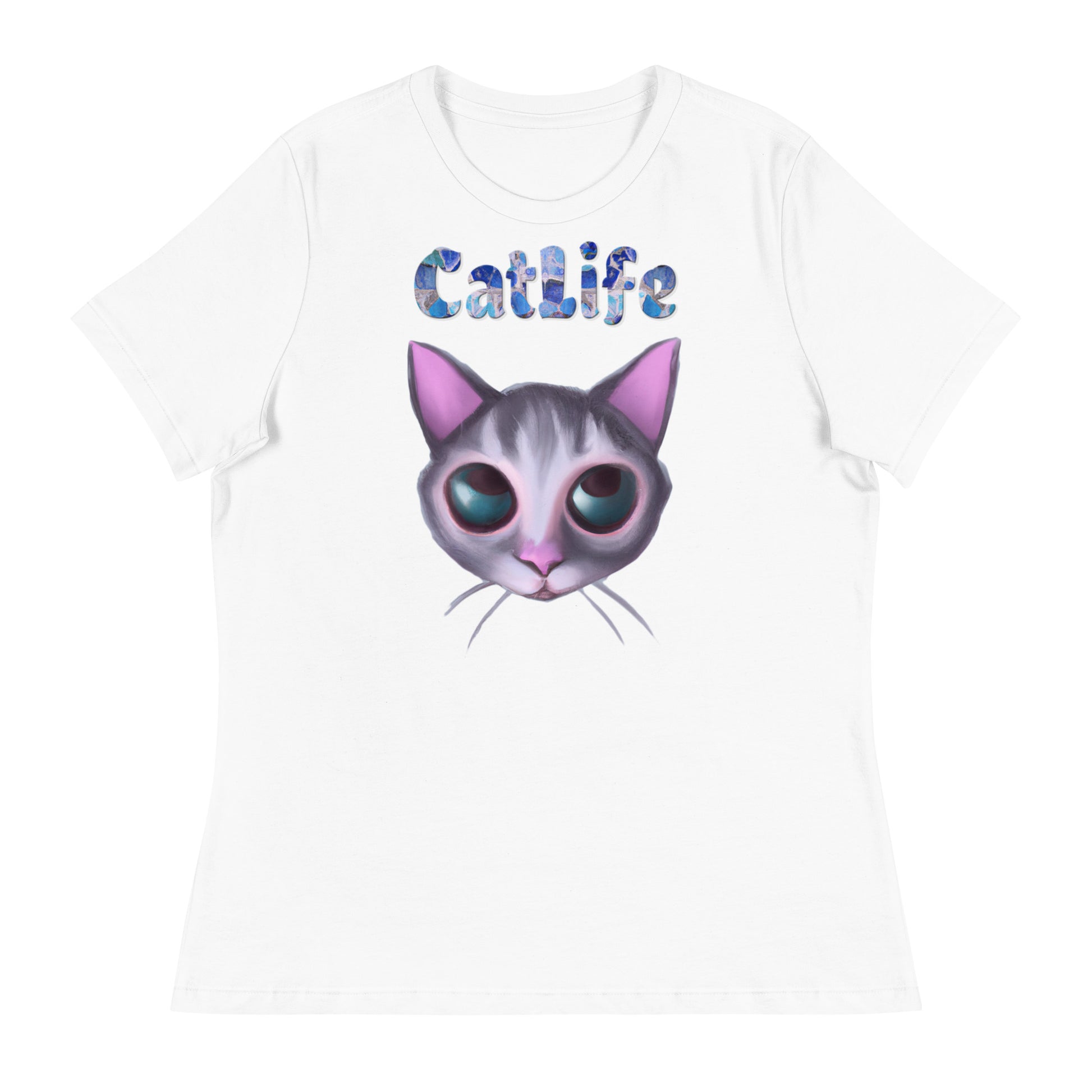 Women's White T-Shirt with Cat Face with a text "CatLife" at $25.97 found at Personalizedpetlovergifts