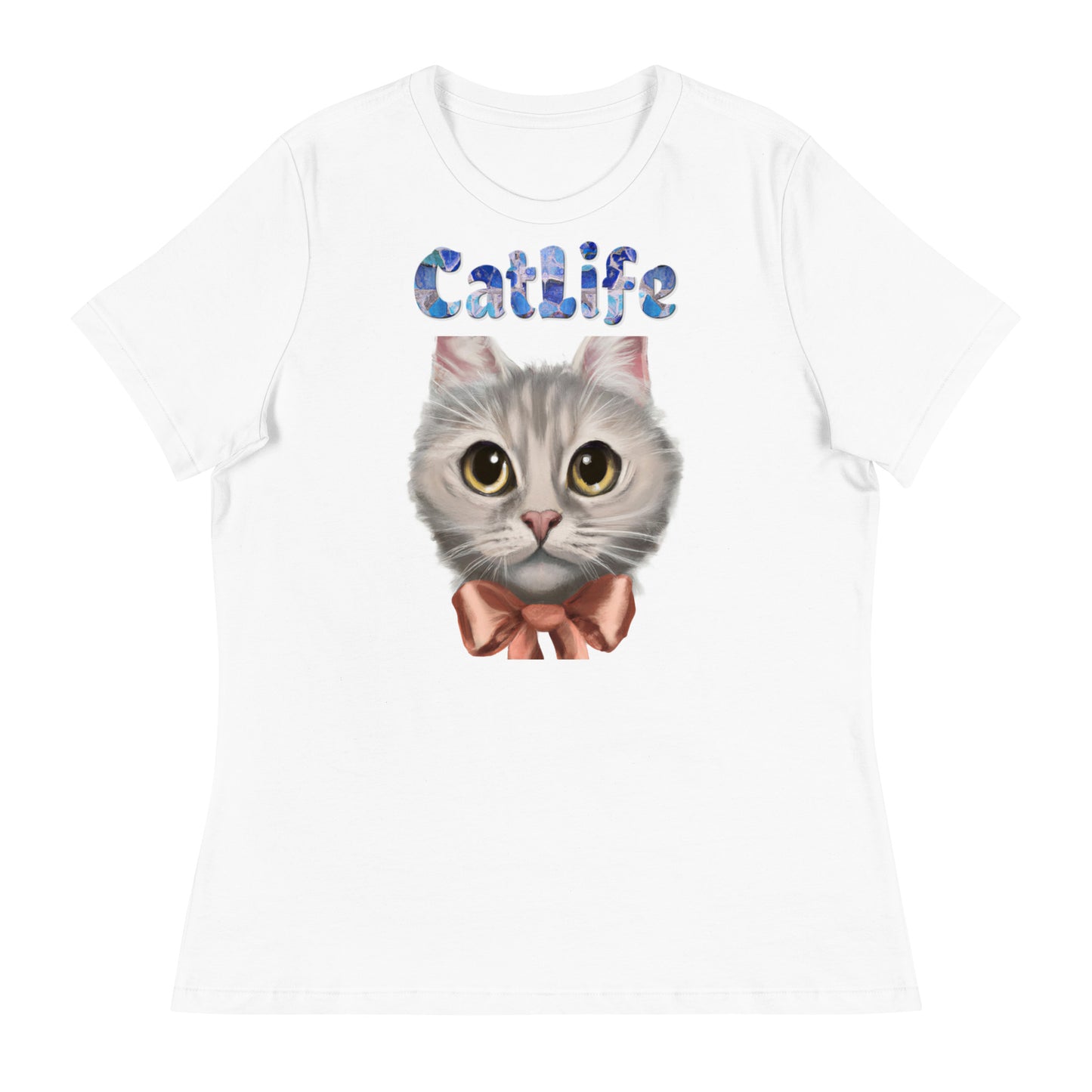 Women's White T-Shirt with Cat Face With Orange Bow with a text "CatLife" at $25.97 found at Personalizedpetlovergifts