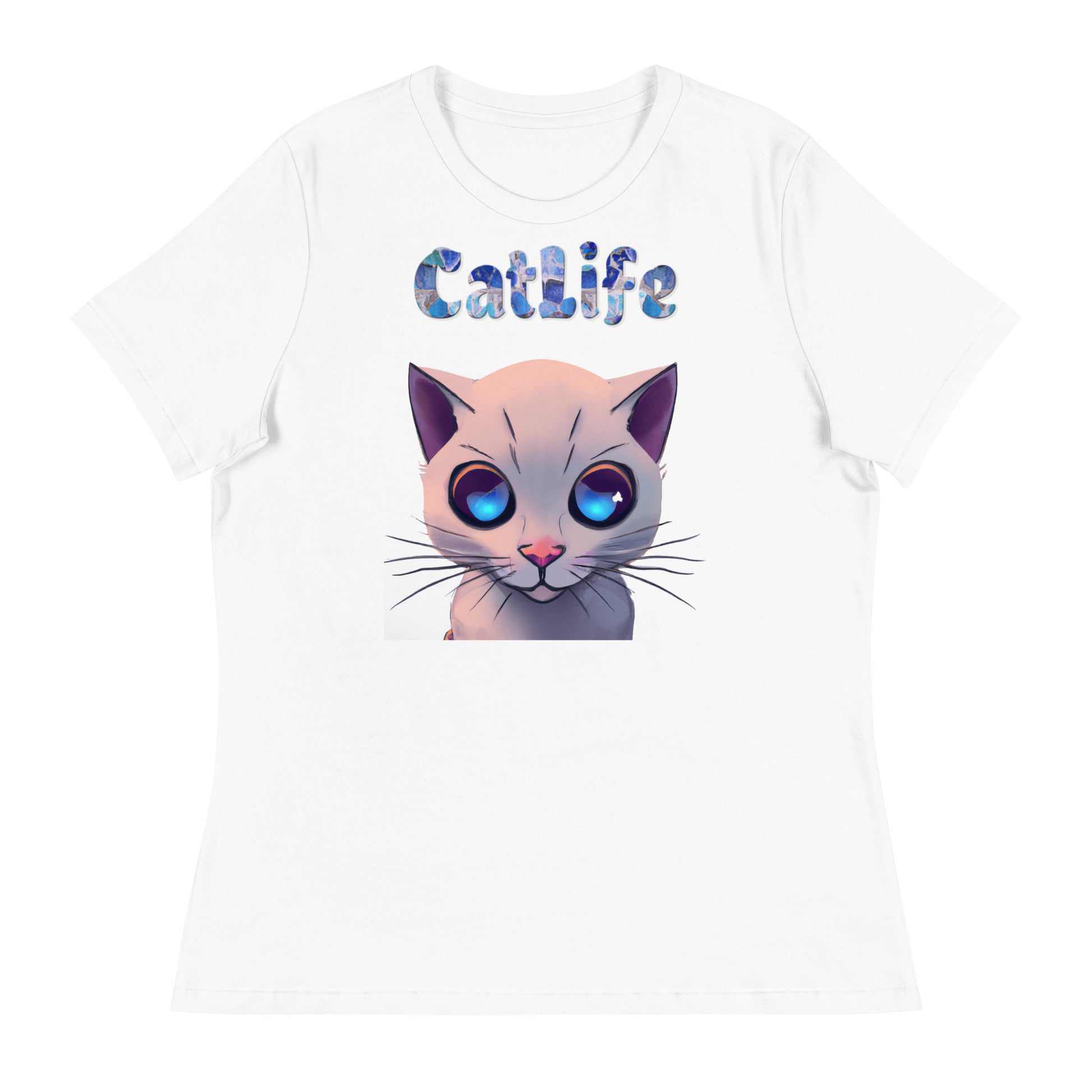 Women's White T-Shirt with Cat Face With Blue Eyes with a text "CatLife" at $25.97 found at Personalizedpetlovergifts