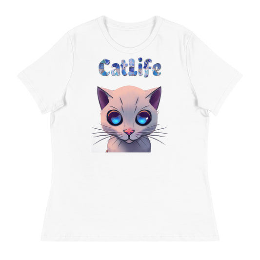 Women's White T-Shirt with Cat Face With Blue Eyes with a text "CatLife" at $25.97 found at Personalizedpetlovergifts