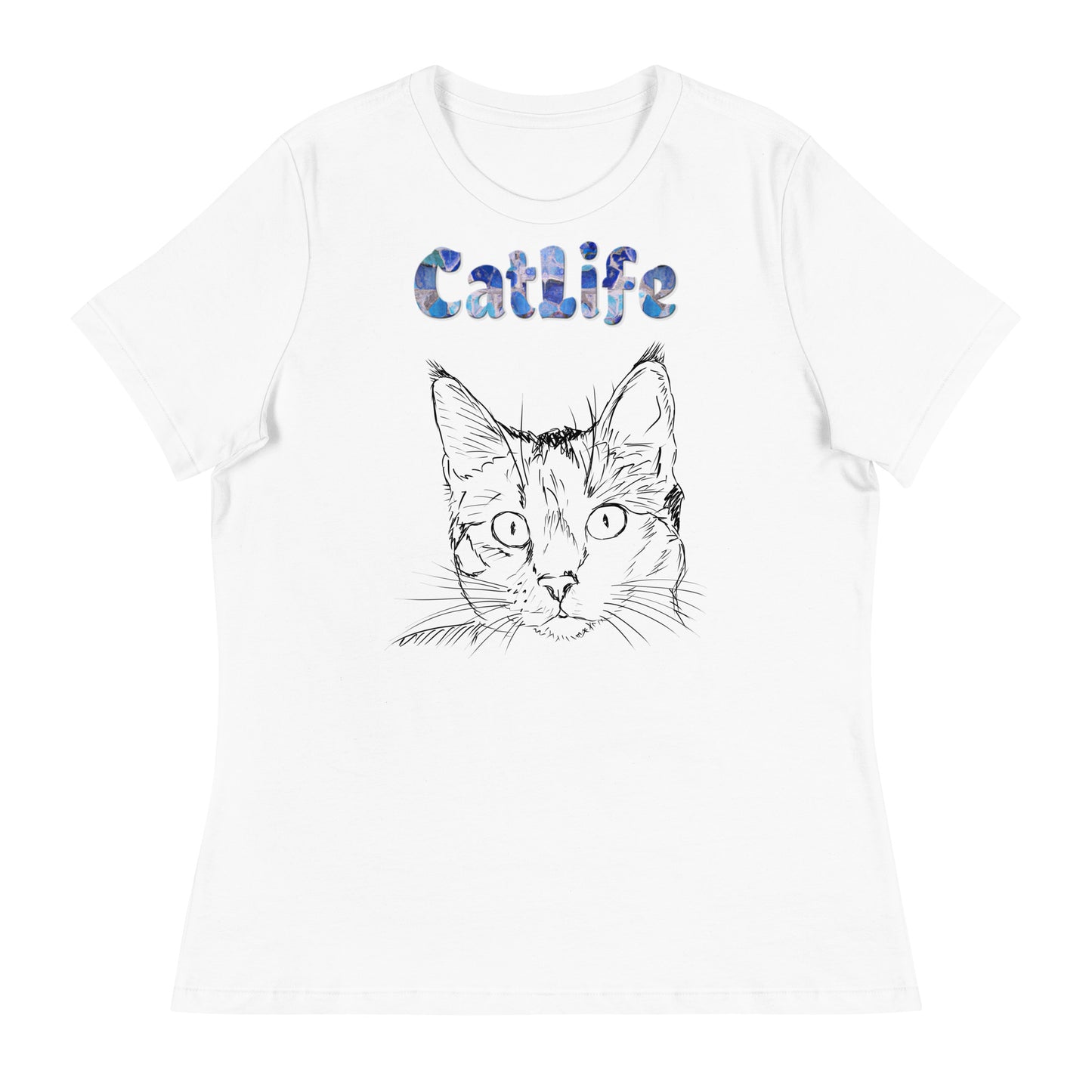 Women's White T-Shirt with Cat Face Line Art with a text "CatLife" at $25.97 found at Personalizedpetlovergifts