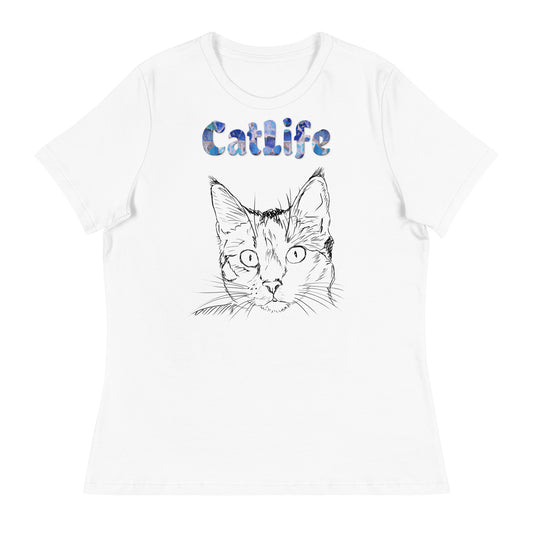 Women's White T-Shirt with Cat Face Line Art with a text "CatLife" at $25.97 found at Personalizedpetlovergifts