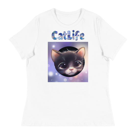 Women's White T-Shirt with Cat Face In a Circle with a text "CatLife" at $25.97 found at Personalizedpetlovergifts