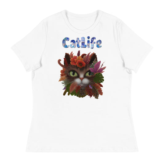 Women's White T-Shirt with Cat Face Covered In Flowers with a text "CatLife" at $25.97 found at Personalizedpetlovergifts