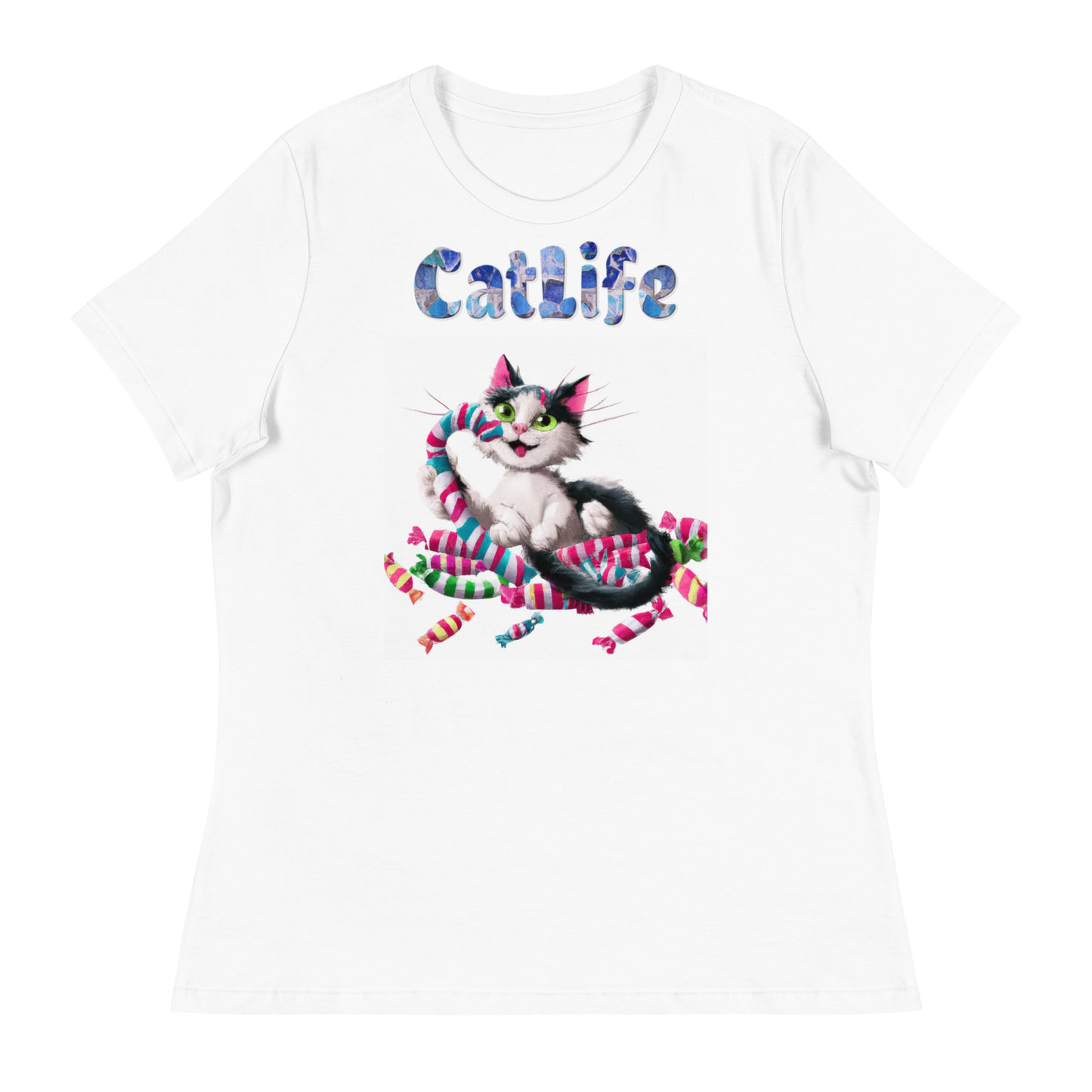 Women's White T-Shirt with Cat Eating Candies with a text "CatLife" at $25.97 found at Personalizedpetlovergifts