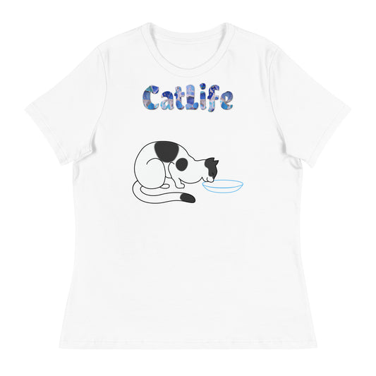 Women's White T-Shirt with Cat Drinking Milk with a text "CatLife" at $25.97 found at Personalizedpetlovergifts