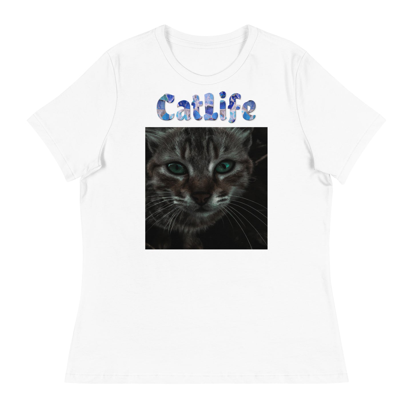 Women's White T-Shirt with Cat Closeup with a text "CatLife" at $25.97 found at Personalizedpetlovergifts