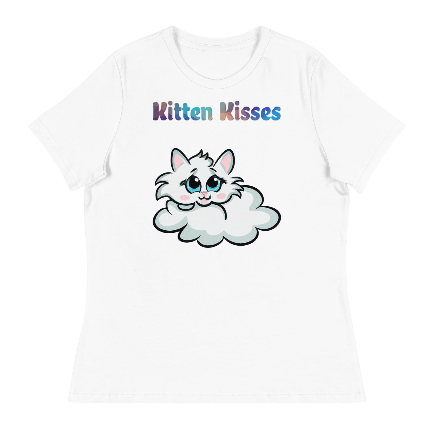 Women's White T-Shirt with Cloud Kitten with a text "Kitten Kisses" at $25.97 found at Personalizedpetlovergifts