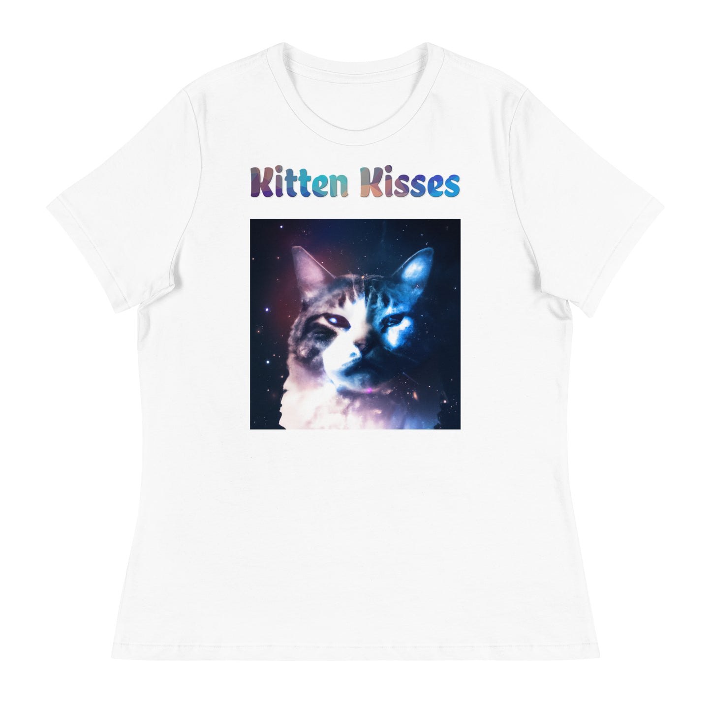 Women's White T-Shirt with Cat With Galaxy with a text "Kitten Kisses" at $25.97 found at Personalizedpetlovergifts