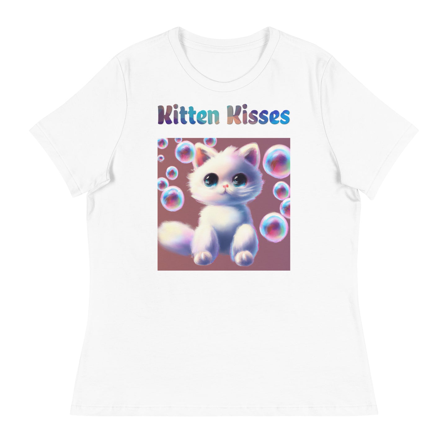 Women's White T-Shirt with Cat With Bubbles with a text "Kitten Kisses" at $25.97 found at Personalizedpetlovergifts