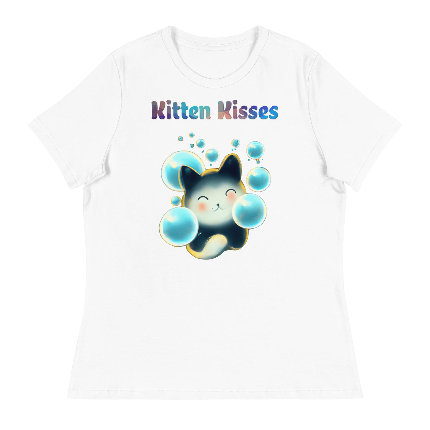 Women's White T-Shirt with Cat With Blue Bubbles with a text "Kitten Kisses" at $25.97 found at Personalizedpetlovergifts