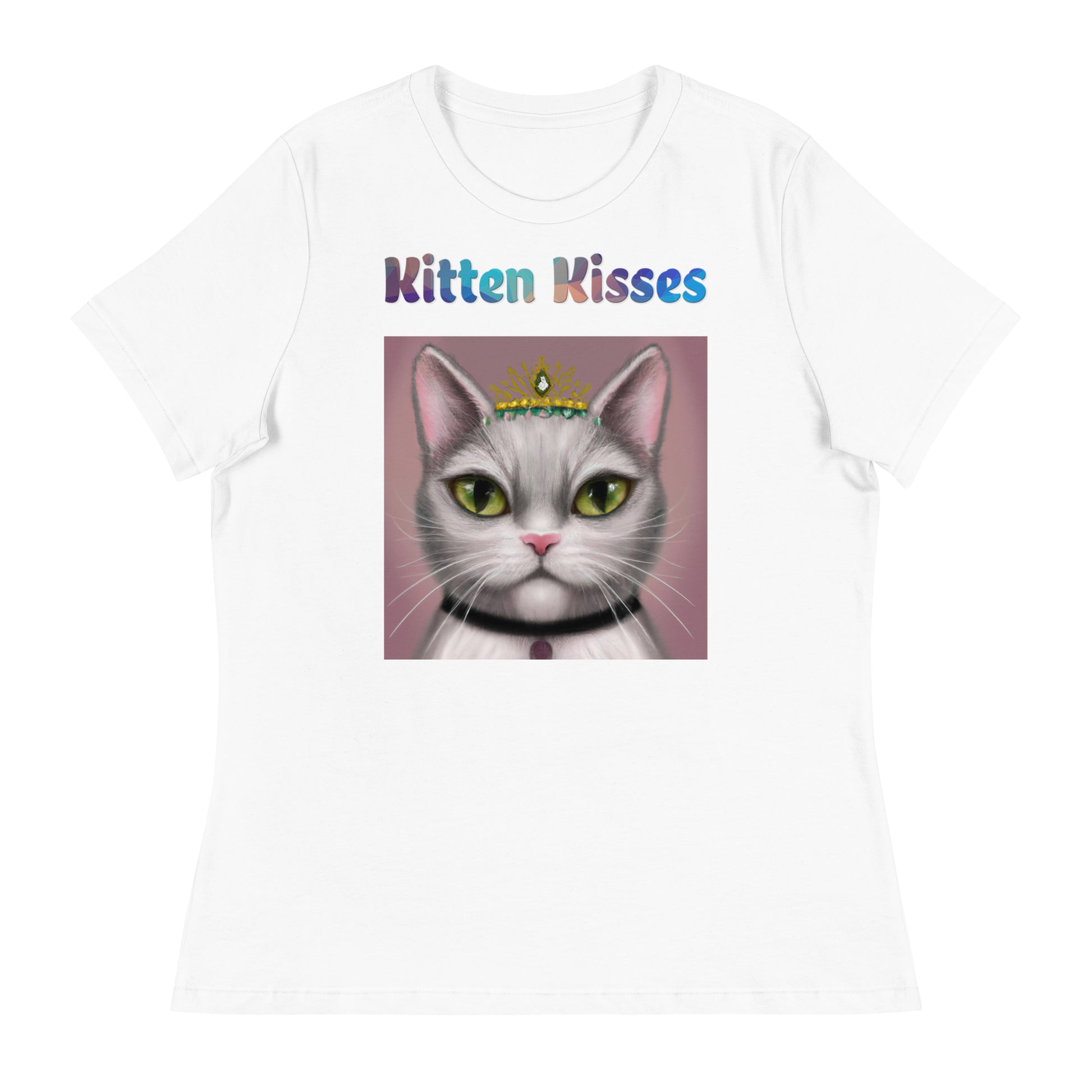 Women's White T-Shirt with Cat With a Tiara with a text "Kitten Kisses" at $25.97 found at Personalizedpetlovergifts