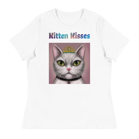 Women's White T-Shirt with Cat With a Tiara with a text "Kitten Kisses" at $25.97 found at Personalizedpetlovergifts