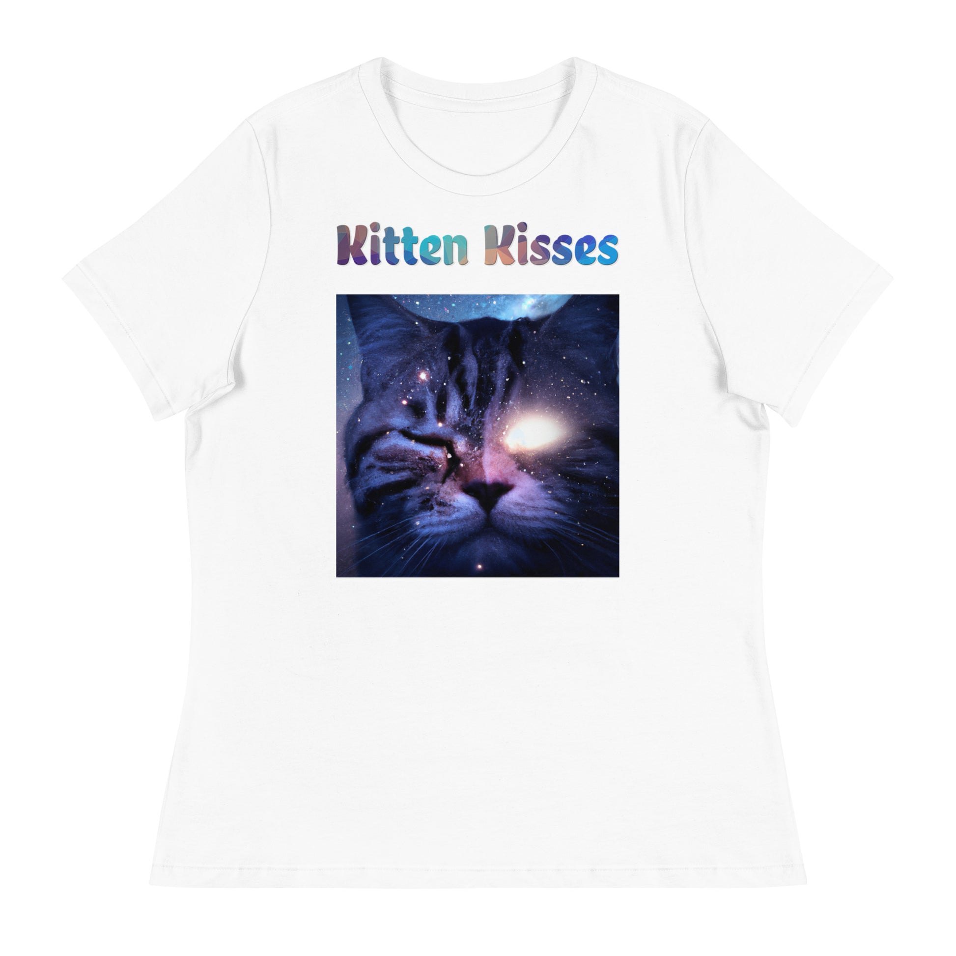 Women's White T-Shirt with Cat With a Shiny Eye with a text "Kitten Kisses" at $25.97 found at Personalizedpetlovergifts