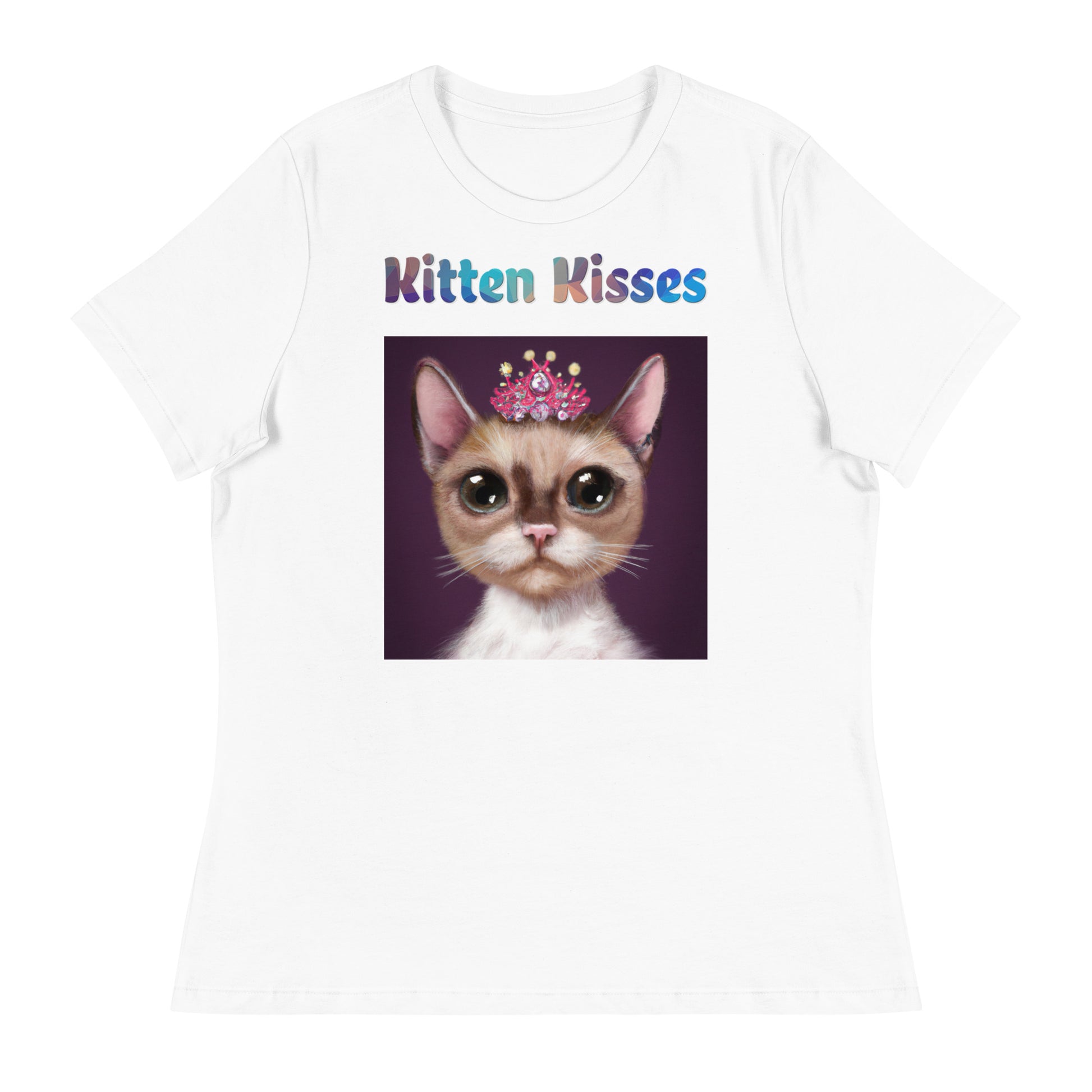 Women's White T-Shirt with Cat With a Pink Tiara with a text "Kitten Kisses" at $25.97 found at Personalizedpetlovergifts