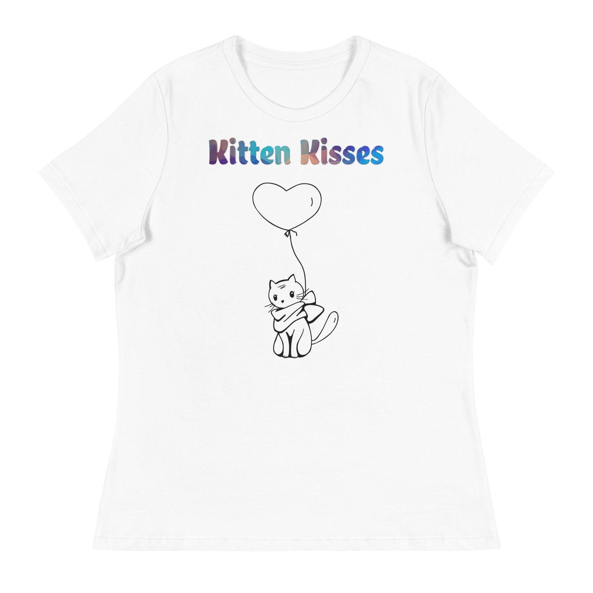 Women's White T-Shirt with Cat With a Heart Balloon with a text "Kitten Kisses" at $25.97 found at Personalizedpetlovergifts