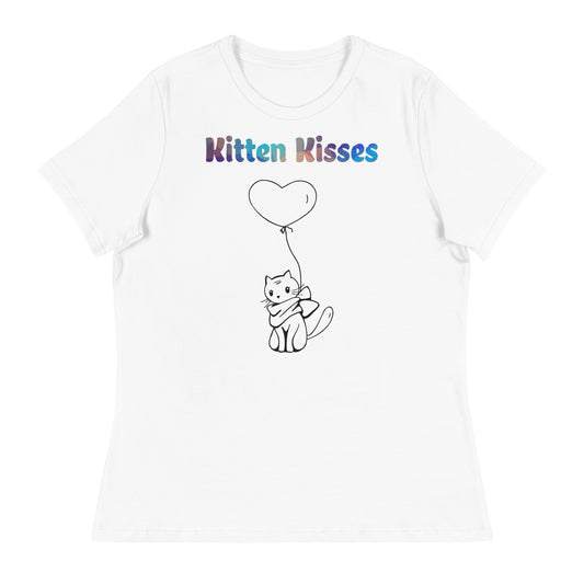 Women's White T-Shirt with Cat With a Heart Balloon with a text "Kitten Kisses" at $25.97 found at Personalizedpetlovergifts