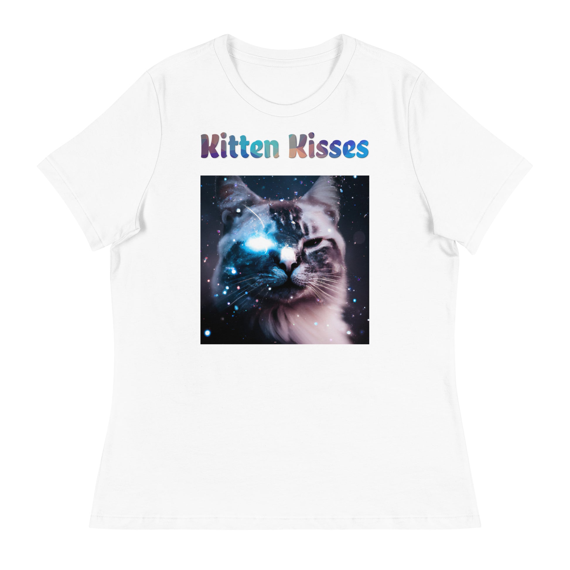 Women's White T-Shirt with Cat With A Galaxy Eye with a text "Kitten Kisses" at $25.97 found at Personalizedpetlovergifts