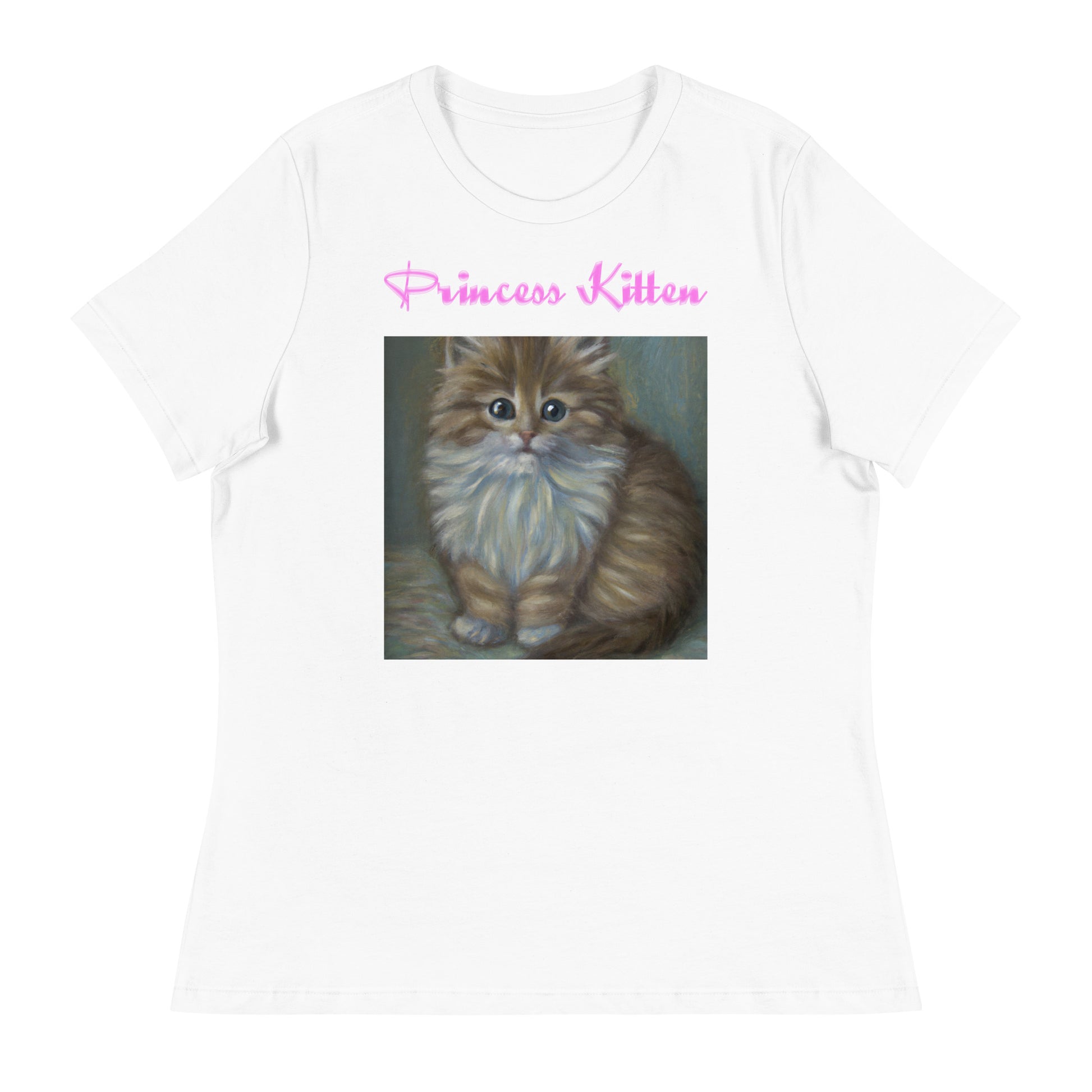 Women's White T-Shirt with Fluffy Kitten Painting with a text "Princess Kitten" at $25.97 found at Personalizedpetlovergifts