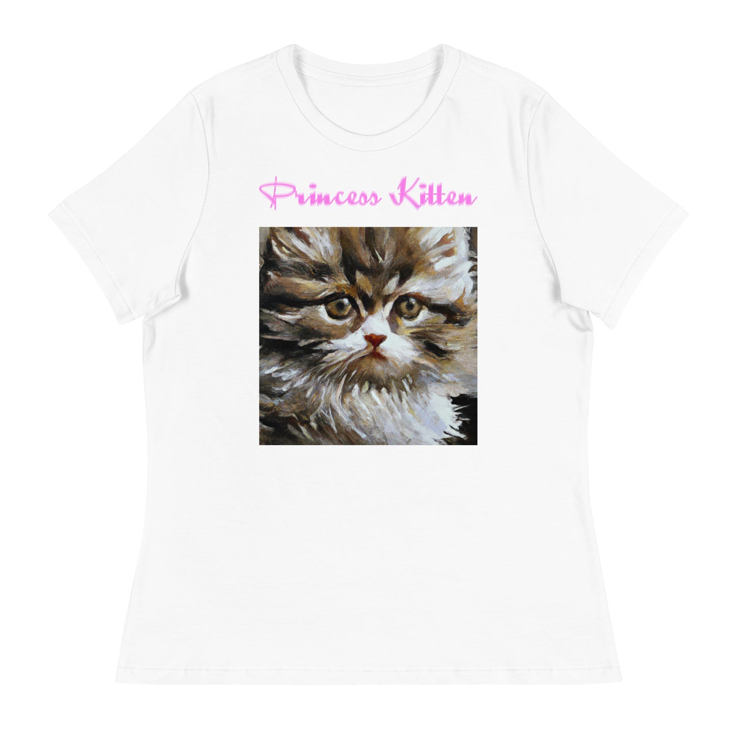 Women's White T-Shirt with Fluffy Kitten Oil Painting with a text "Princess Kitten" at $25.97 found at Personalizedpetlovergifts