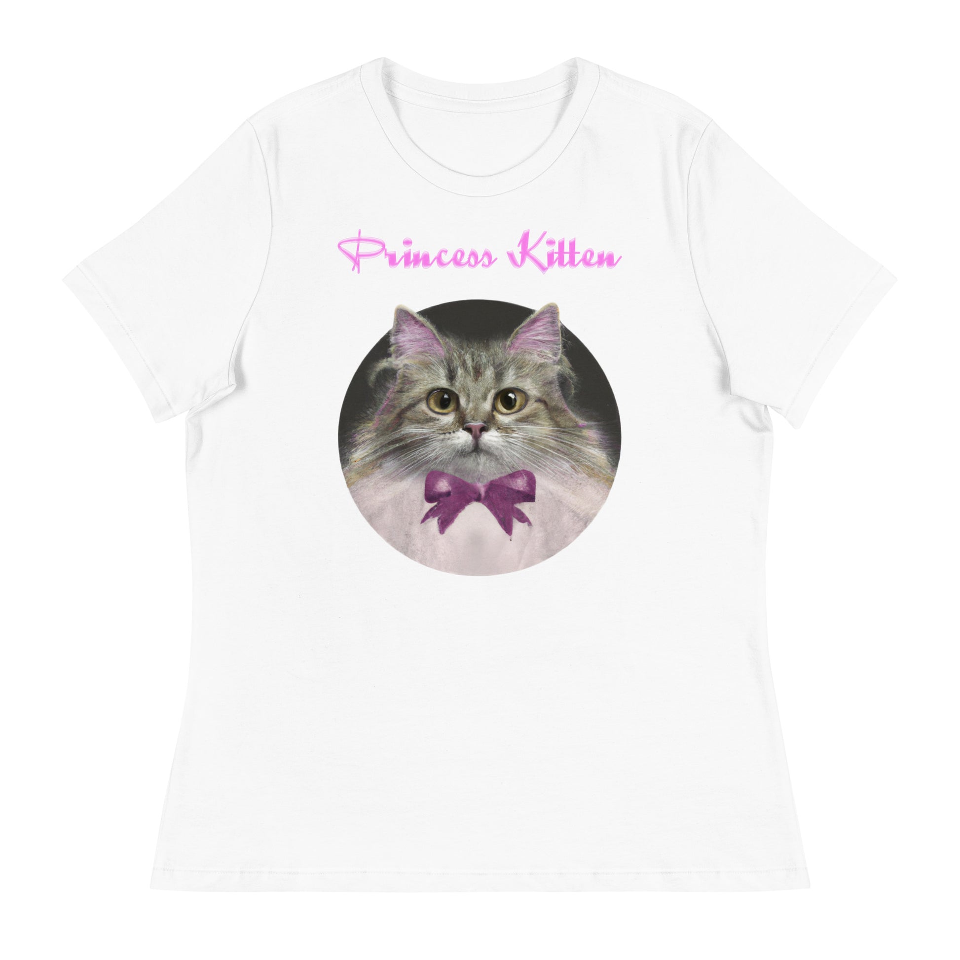 Women's White T-Shirt with Fluffy Kitten in a Circle With a Bow with a text "Princess Kitten" at $25.97 found at Personalizedpetlovergifts