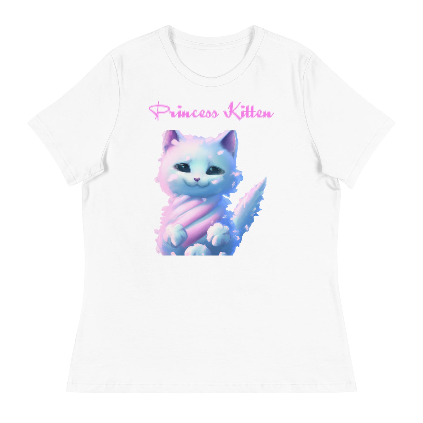 Women's White T-Shirt with Fluffy Cotton Candy Cloud Kitten with a text "Princess Kitten" at $25.97 found at Personalizedpetlovergifts