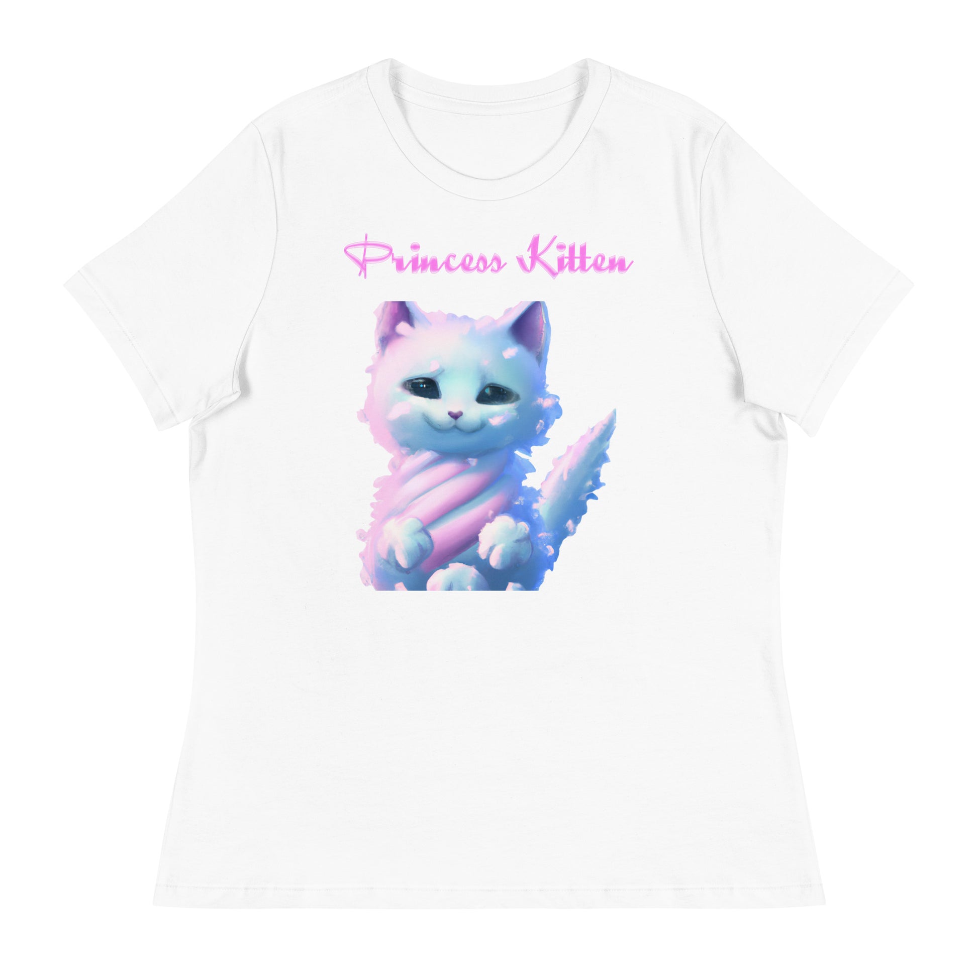 Women's White T-Shirt with Fluffy Cotton Candy Cloud Kitten with a text "Princess Kitten" at $25.97 found at Personalizedpetlovergifts