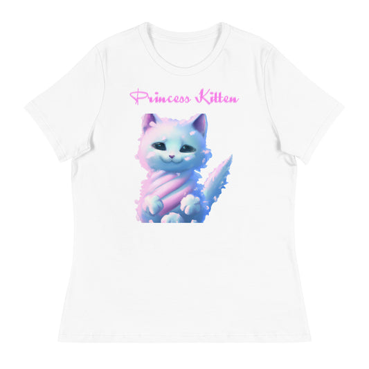 Women's White T-Shirt with Fluffy Cotton Candy Cloud Kitten with a text "Princess Kitten" at $25.97 found at Personalizedpetlovergifts