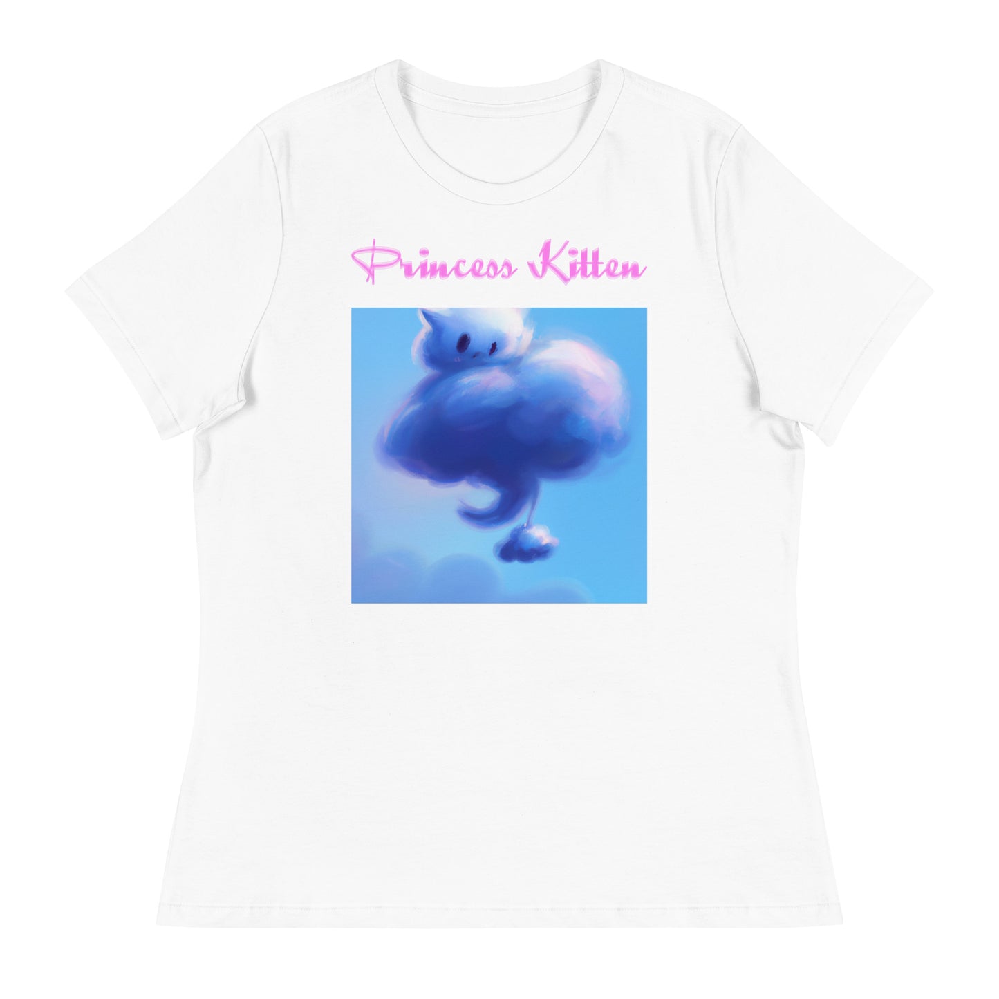 Women's White T-Shirt with Fluffy Cloud Kitten with a text "Princess Kitten" at $25.97 found at Personalizedpetlovergifts