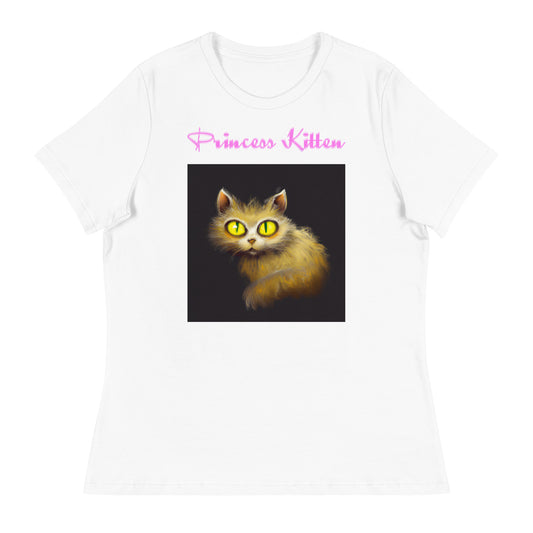 Women's White T-Shirt with Fluffy Cat With Big Yellow Eyes with a text "Princess Kitten" at $25.97 found at Personalizedpetlovergifts