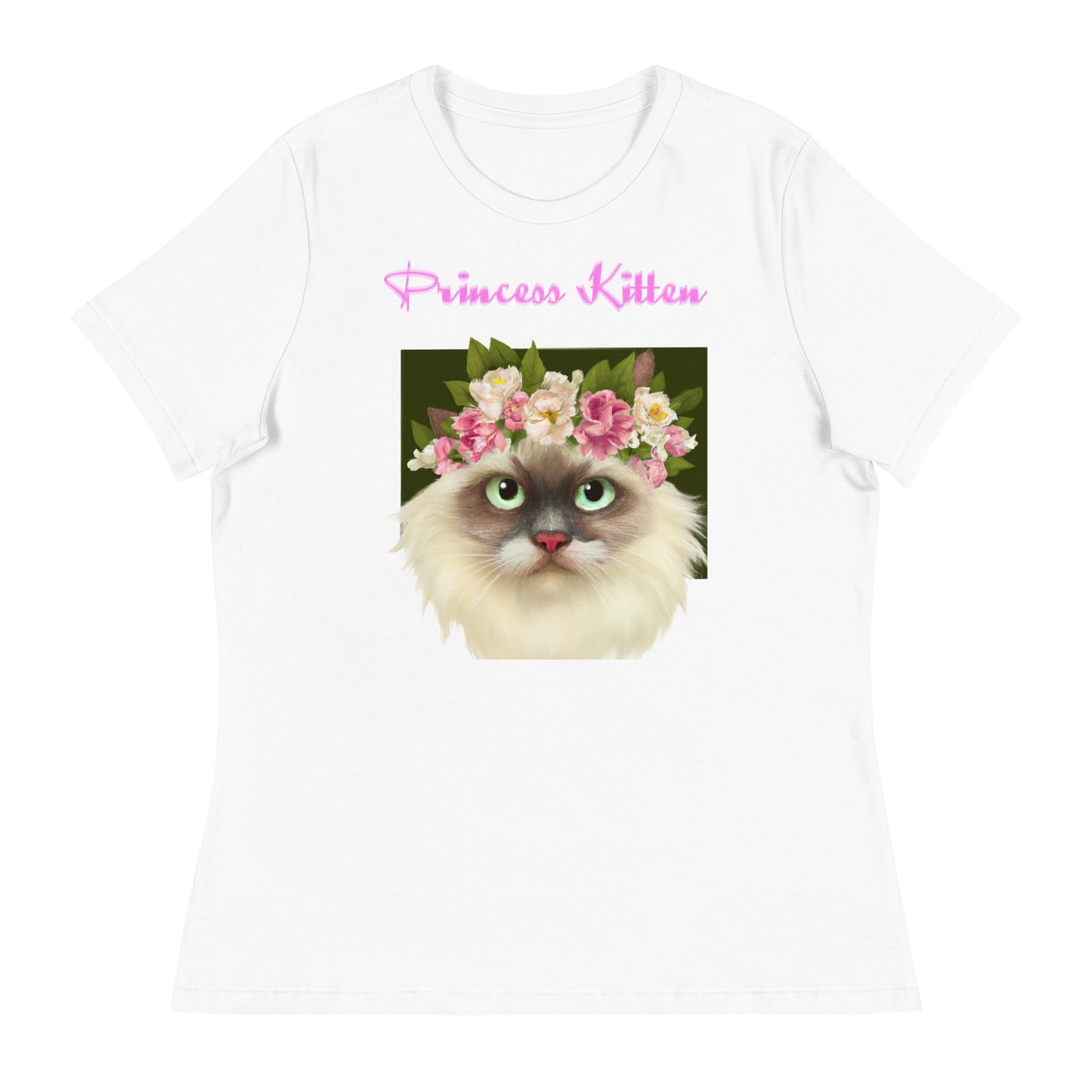 Women's White T-Shirt with Fluffy Cat Portrait With Flowers with a text "Princess Kitten" at $25.97 found at Personalizedpetlovergifts