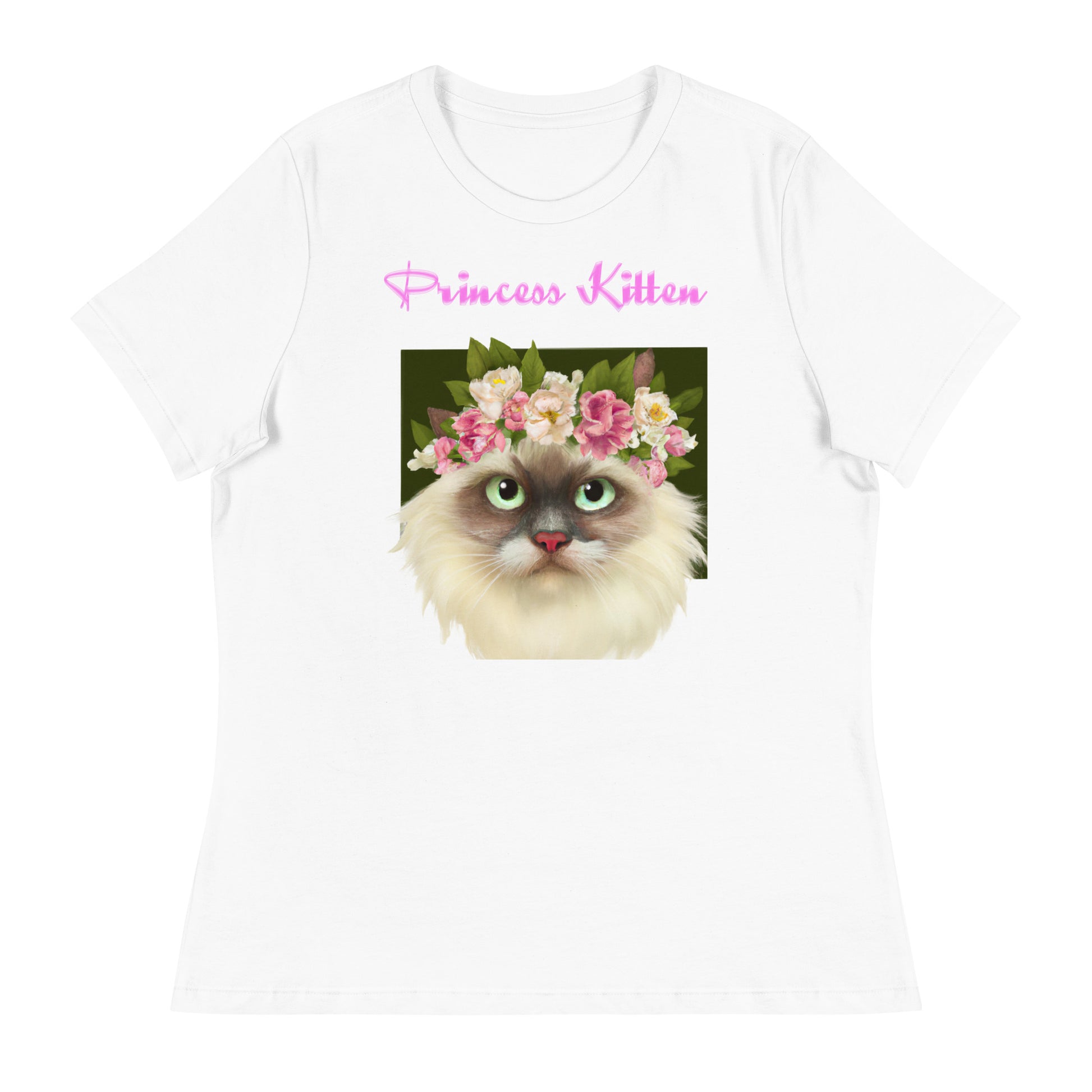 Women's White T-Shirt with Fluffy Cat Portrait With Flowers with a text "Princess Kitten" at $25.97 found at Personalizedpetlovergifts