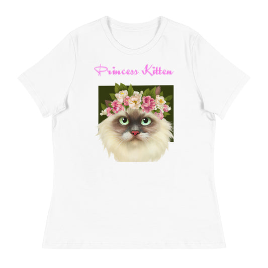 Women's White T-Shirt with Fluffy Cat Portrait With Flowers with a text "Princess Kitten" at $25.97 found at Personalizedpetlovergifts