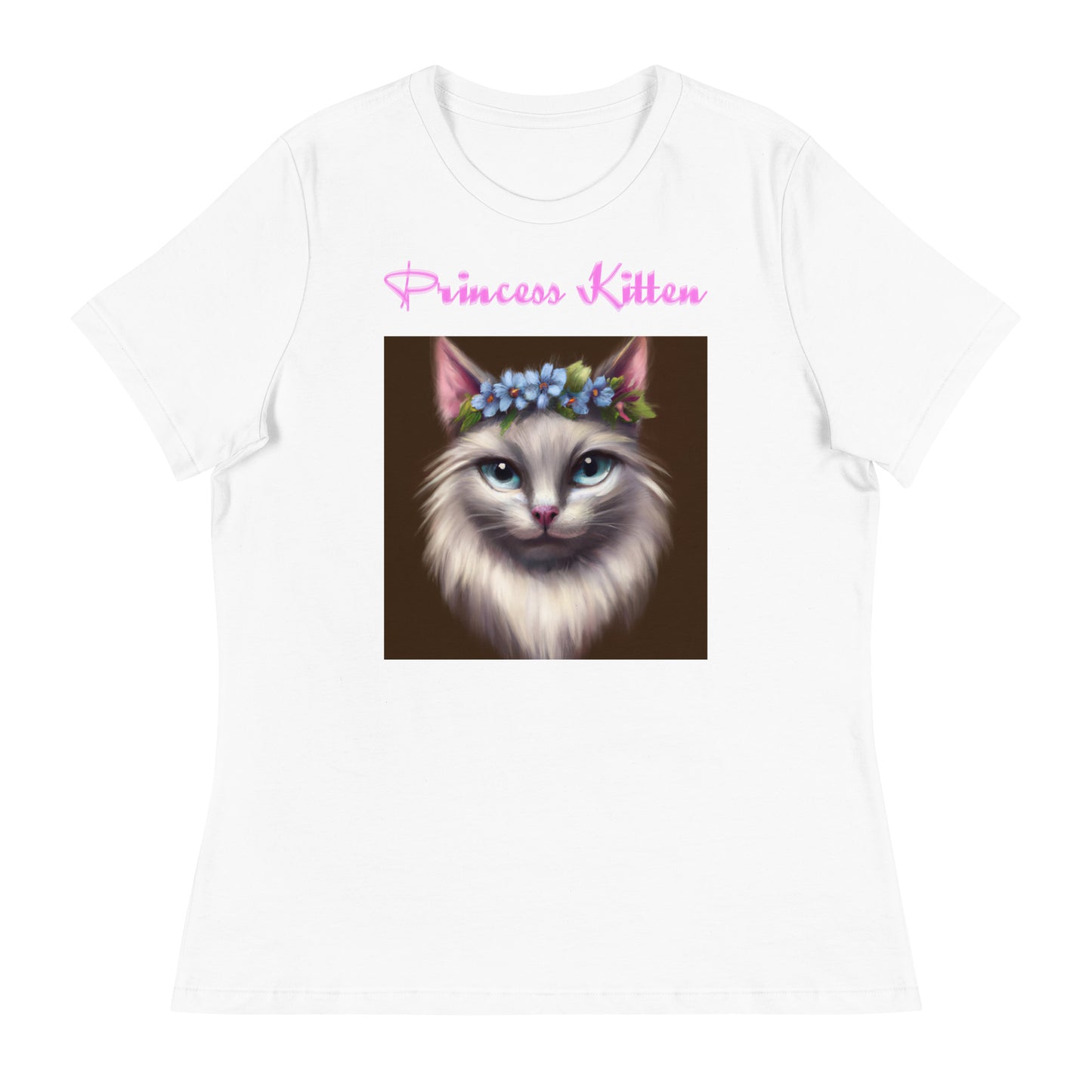 Women's White T-Shirt with Fluffy Cat Portrait With Blue Flowers with a text "Princess Kitten" at $25.97 found at Personalizedpetlovergifts