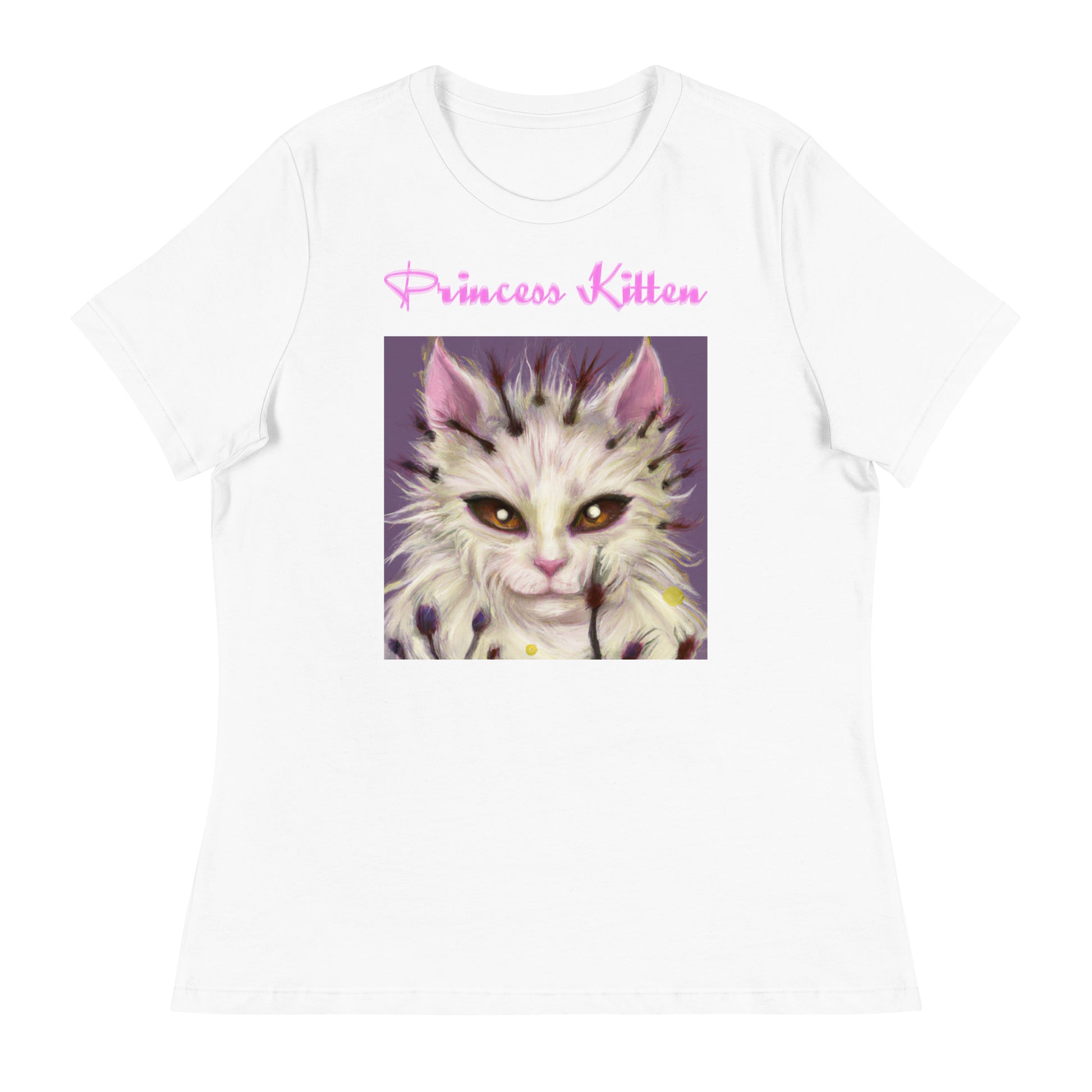 Women's White T-Shirt with Fluffy Alien Cat with a text "Princess Kitten" at $25.97 found at Personalizedpetlovergifts