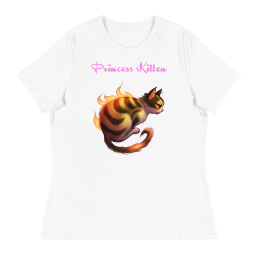 Women's White T-Shirt with Firey Stiped Cat with a text "Princess Kitten" at $25.97 found at Personalizedpetlovergifts