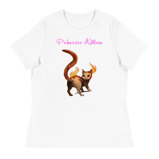 Women's White T-Shirt with Fire Cat with a text "Princess Kitten" at $25.97 found at Personalizedpetlovergifts