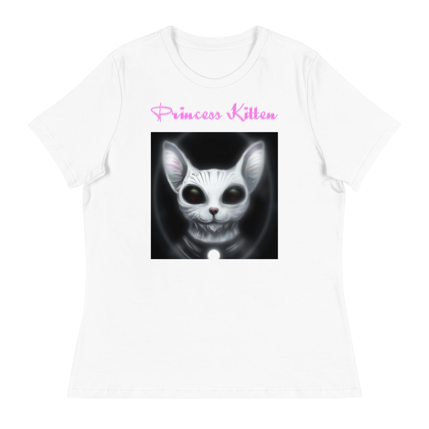 Women's White T-Shirt with Dark Alien Cat with a text "Princess Kitten" at $25.97 found at Personalizedpetlovergifts