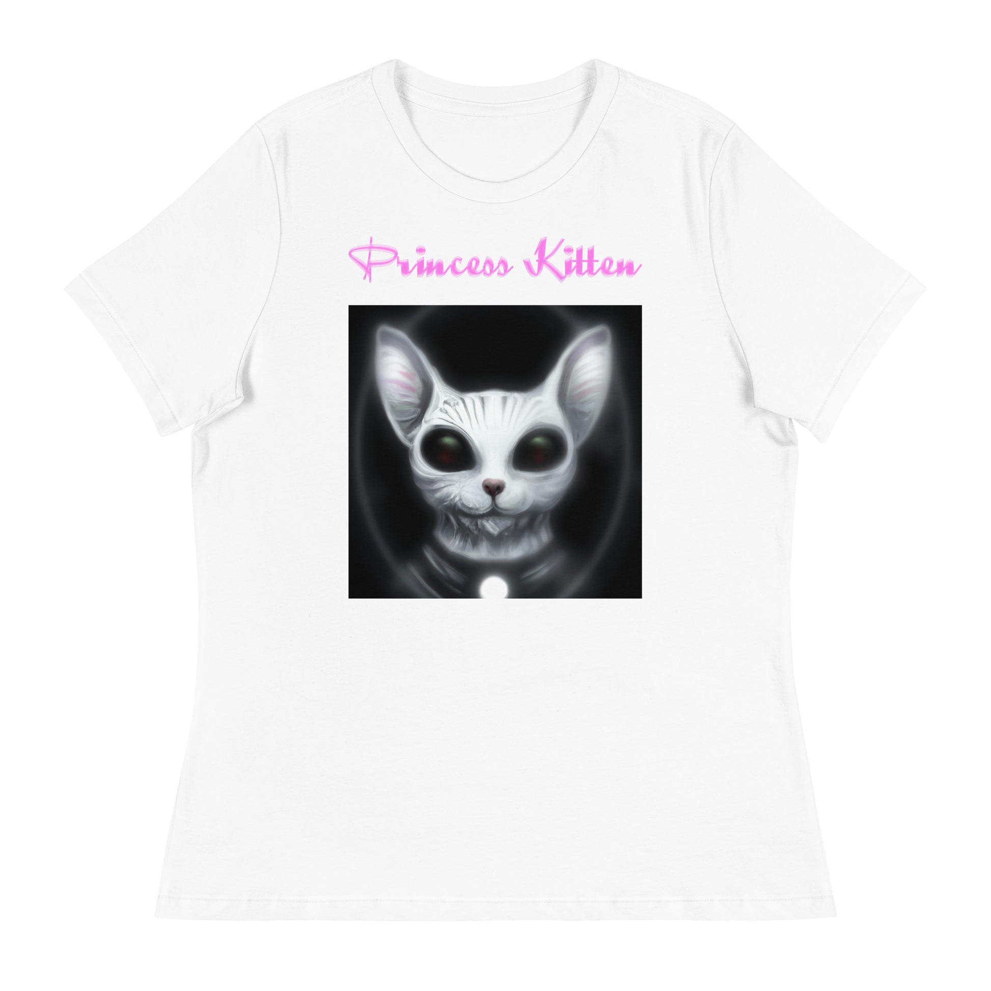 Women's White T-Shirt with Dark Alien Cat with a text "Princess Kitten" at $25.97 found at Personalizedpetlovergifts