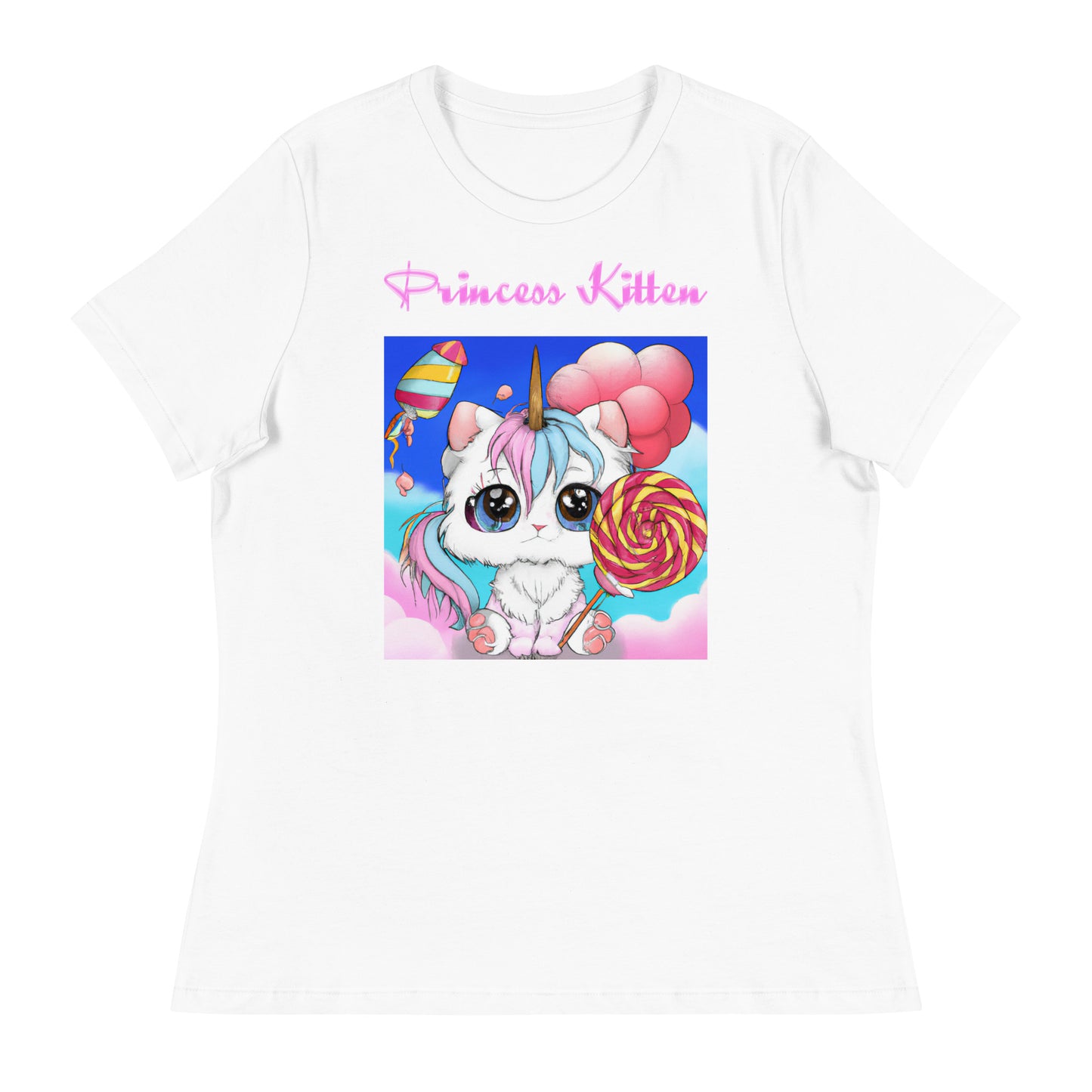 Women's White T-Shirt with Cute Unicorn Kitten With a Lollipop with a text "Princess Kitten" at $25.97 found at Personalizedpetlovergifts