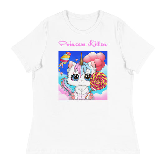 Women's White T-Shirt with Cute Unicorn Kitten With a Lollipop with a text "Princess Kitten" at $25.97 found at Personalizedpetlovergifts