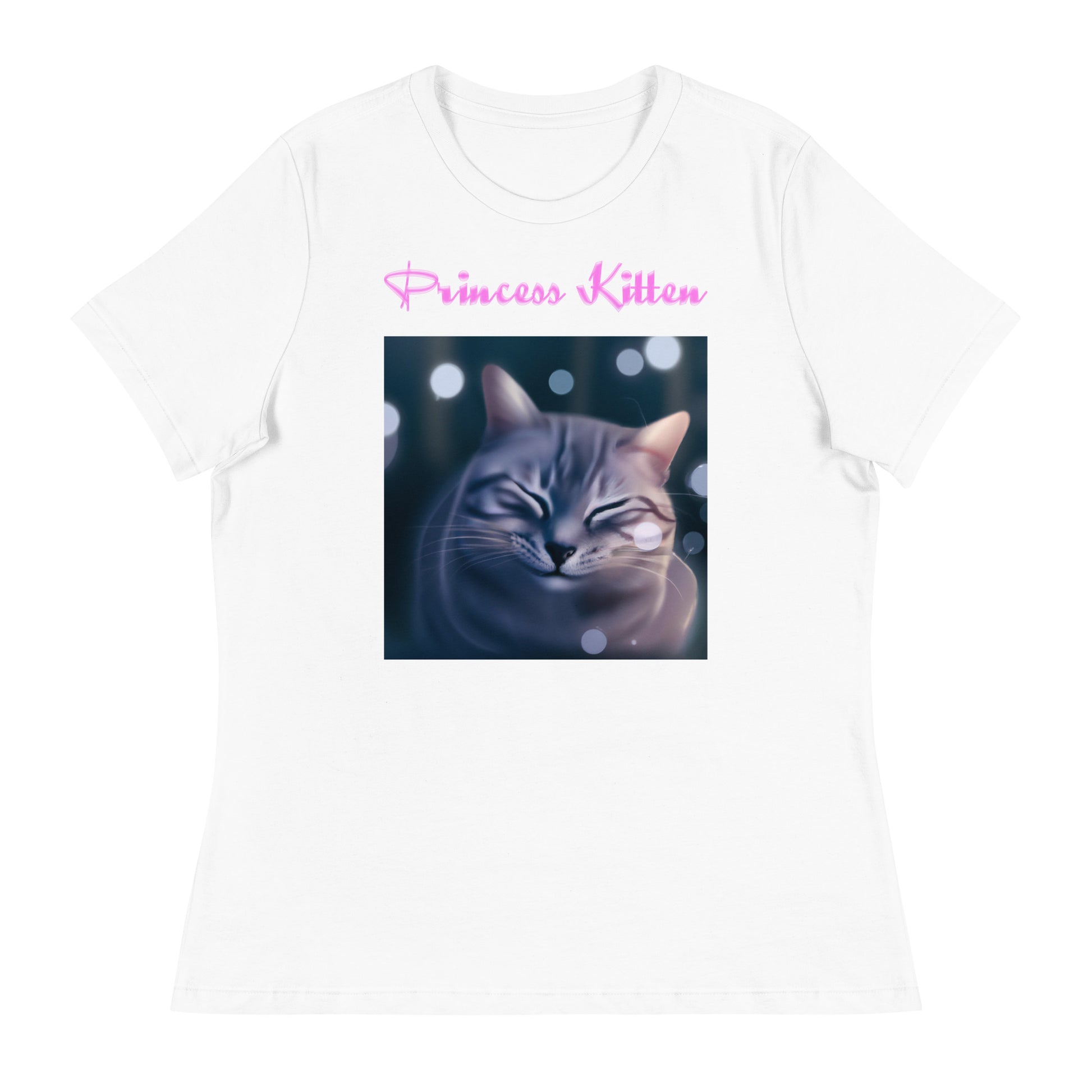 Women's White T-Shirt with Cute Sleepy Cat with a text "Princess Kitten" at $25.97 found at Personalizedpetlovergifts