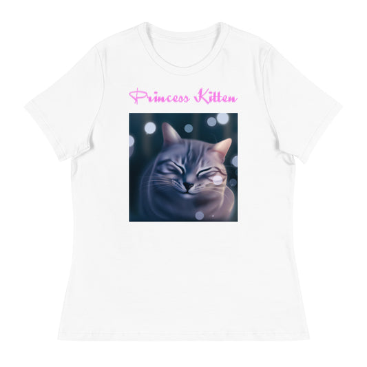 Women's White T-Shirt with Cute Sleepy Cat with a text "Princess Kitten" at $25.97 found at Personalizedpetlovergifts